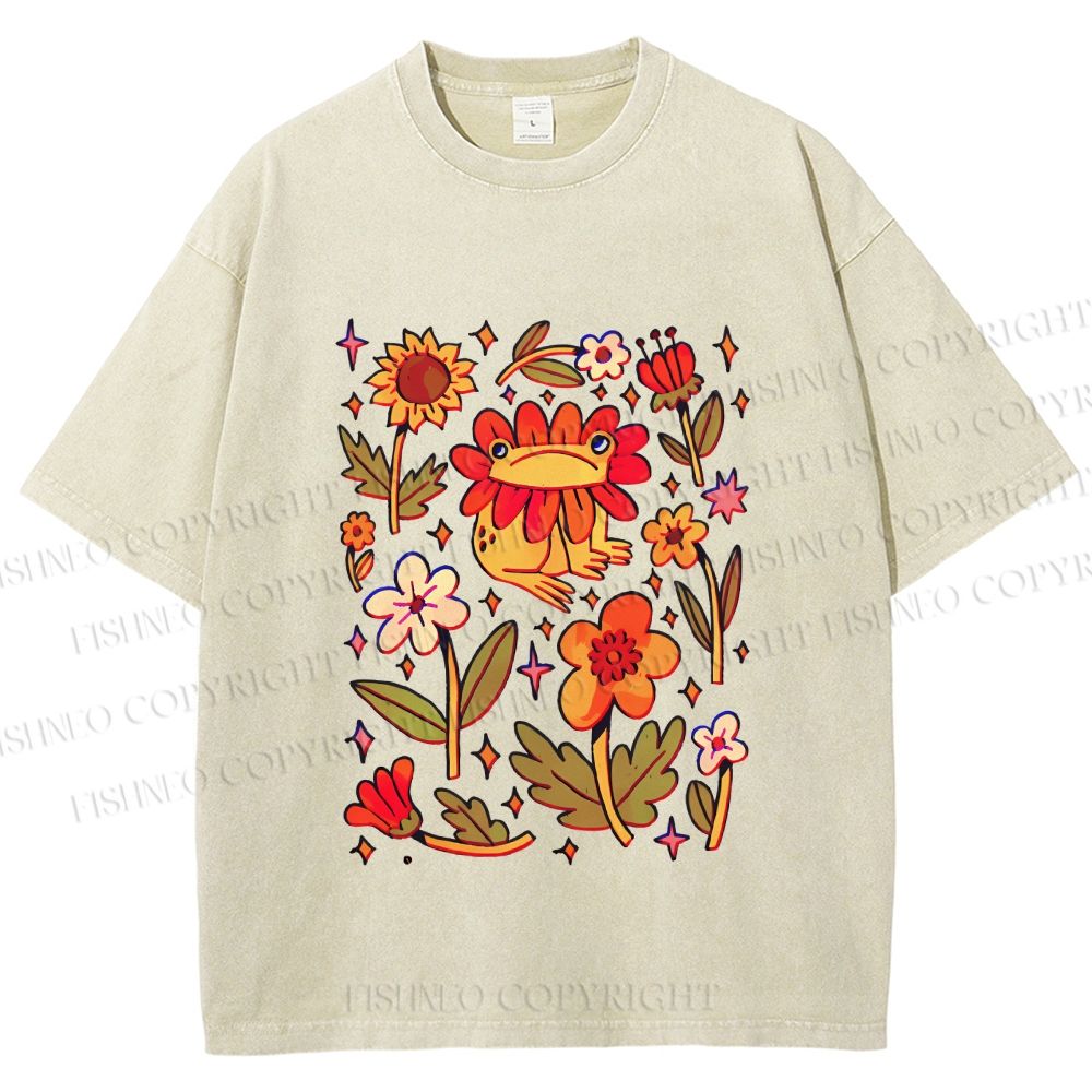 Unisex Frog And Flowers Printed Washed Tee
