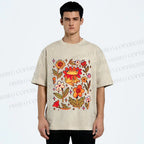 Unisex Frog And Flowers Printed Washed Tee