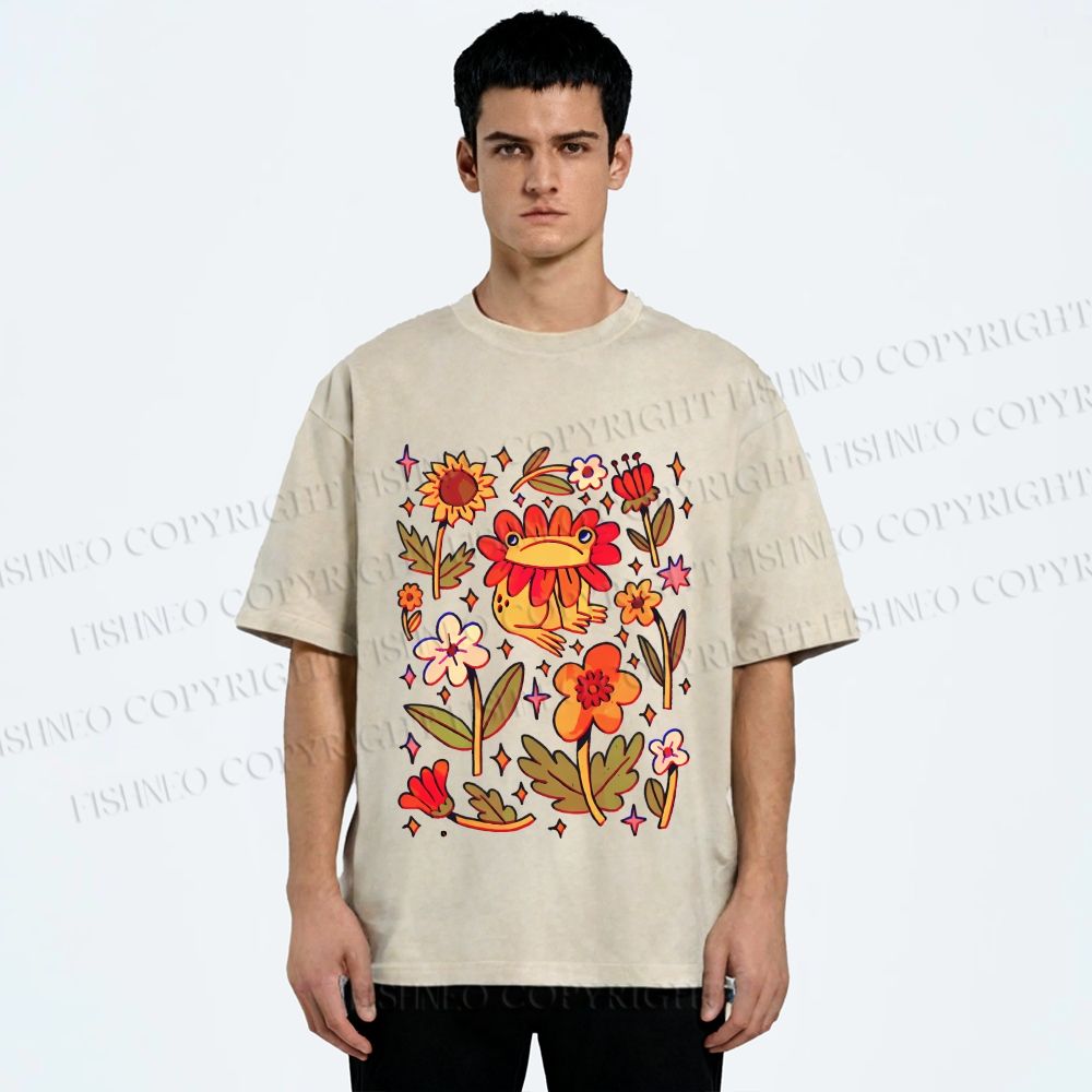 Unisex Frog And Flowers Printed Washed Tee