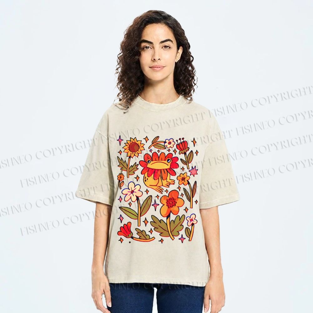 Unisex Frog And Flowers Printed Washed Tee
