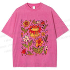 Unisex Frog And Flowers Printed Washed Tee