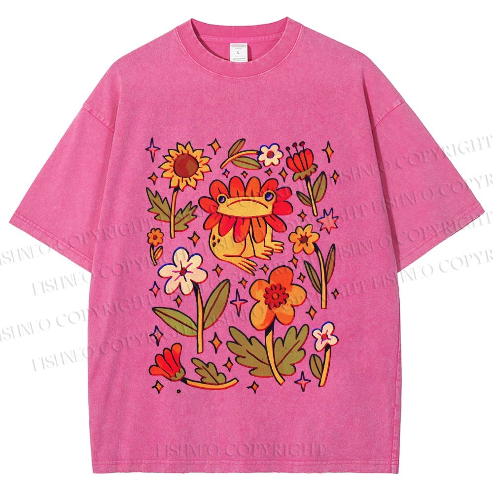 Unisex Frog And Flowers Printed Washed Tee