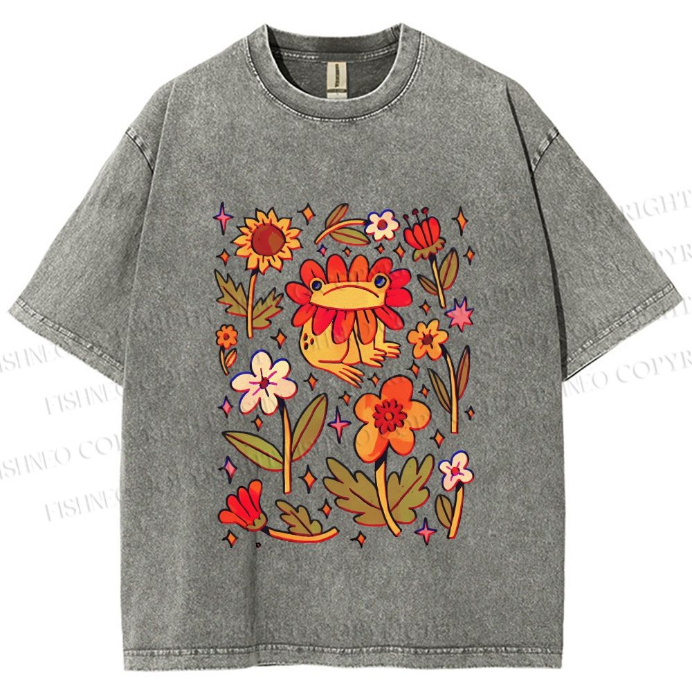 Unisex Frog And Flowers Printed Washed Tee