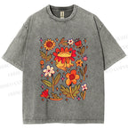 Unisex Frog And Flowers Printed Washed Tee