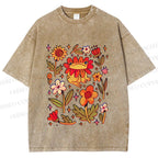 Unisex Frog And Flowers Printed Washed Tee