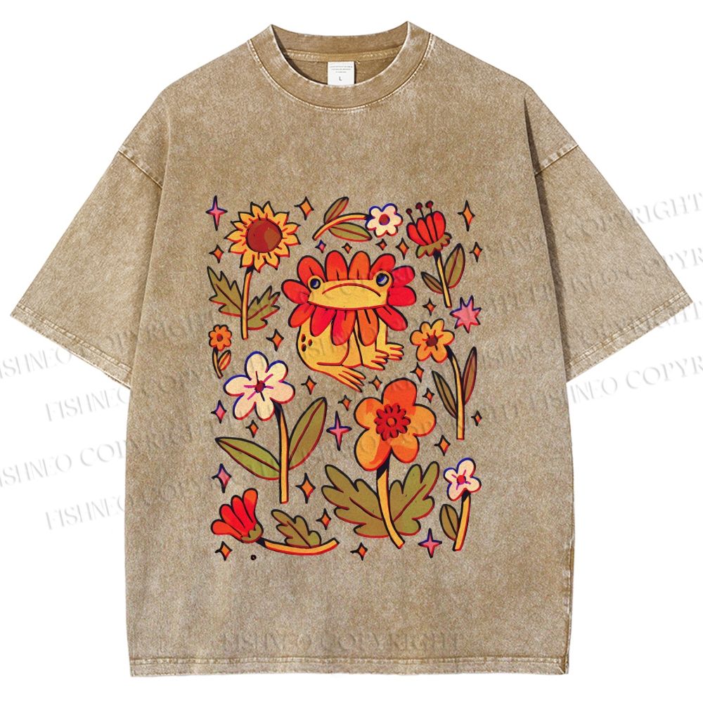 Unisex Frog And Flowers Printed Washed Tee