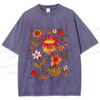 Unisex Frog And Flowers Printed Washed Tee