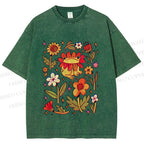Unisex Frog And Flowers Printed Washed Tee