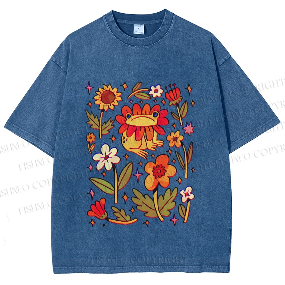 Unisex Frog And Flowers Printed Washed Tee