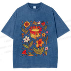Unisex Frog And Flowers Printed Washed Tee