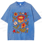 Unisex Frog And Flowers Printed Washed Tee
