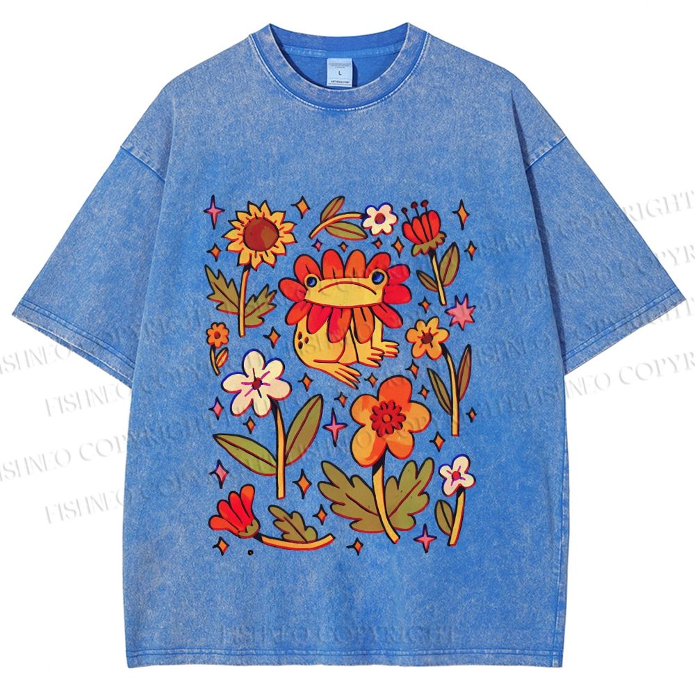 Unisex Frog And Flowers Printed Washed Tee
