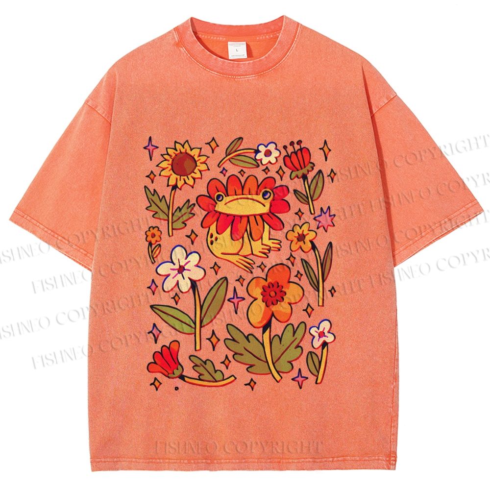 Unisex Frog And Flowers Printed Washed Tee