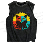 Unisex Colorful Artistic Octopus Cat Printed Washed Tank Top