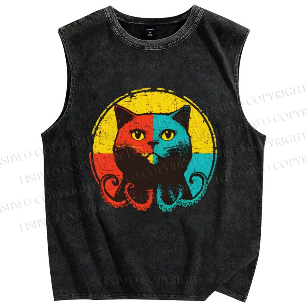 Unisex Colorful Artistic Octopus Cat Printed Washed Tank Top