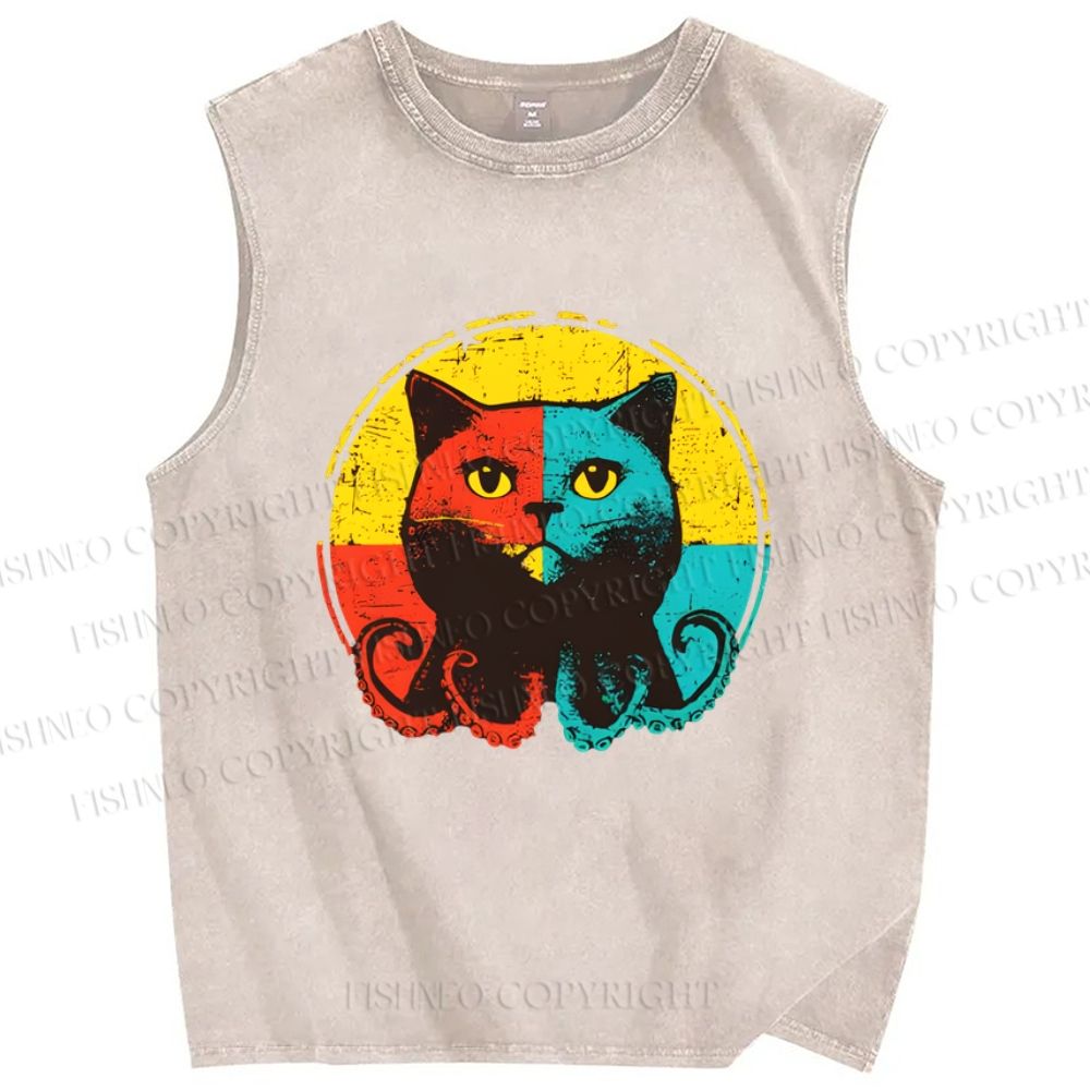 Unisex Colorful Artistic Octopus Cat Printed Washed Tank Top