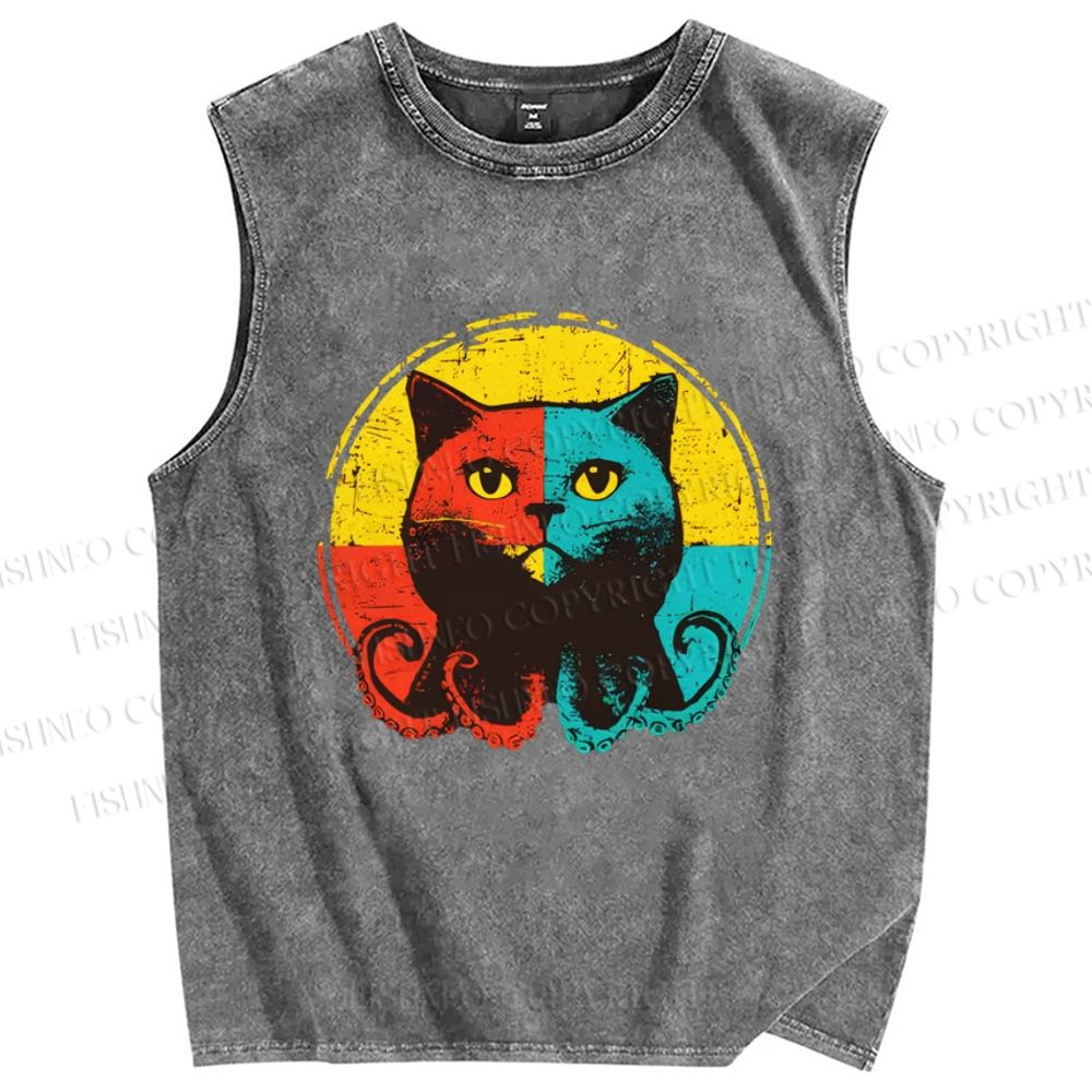 Unisex Colorful Artistic Octopus Cat Printed Washed Tank Top