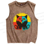 Unisex Colorful Artistic Octopus Cat Printed Washed Tank Top