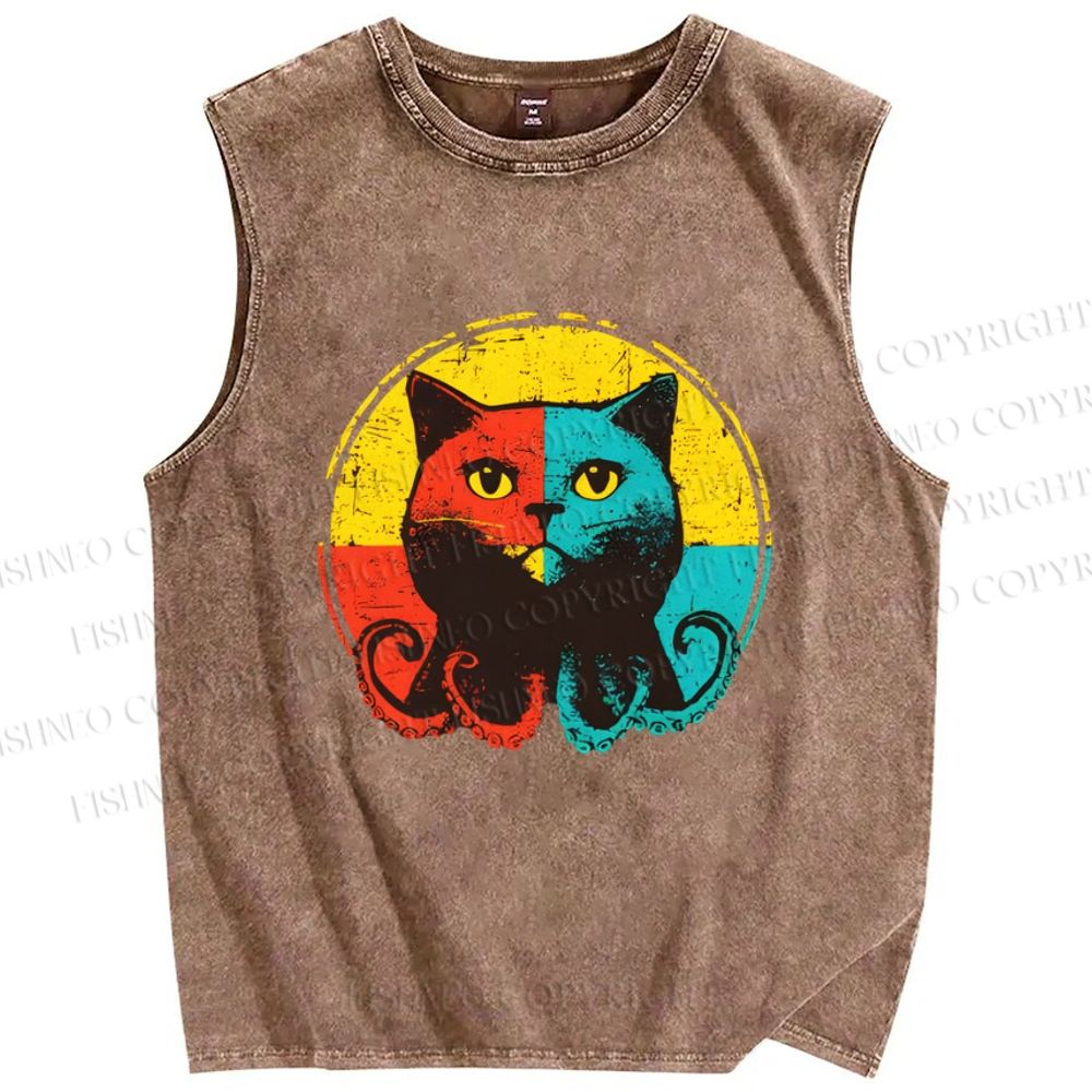 Unisex Colorful Artistic Octopus Cat Printed Washed Tank Top