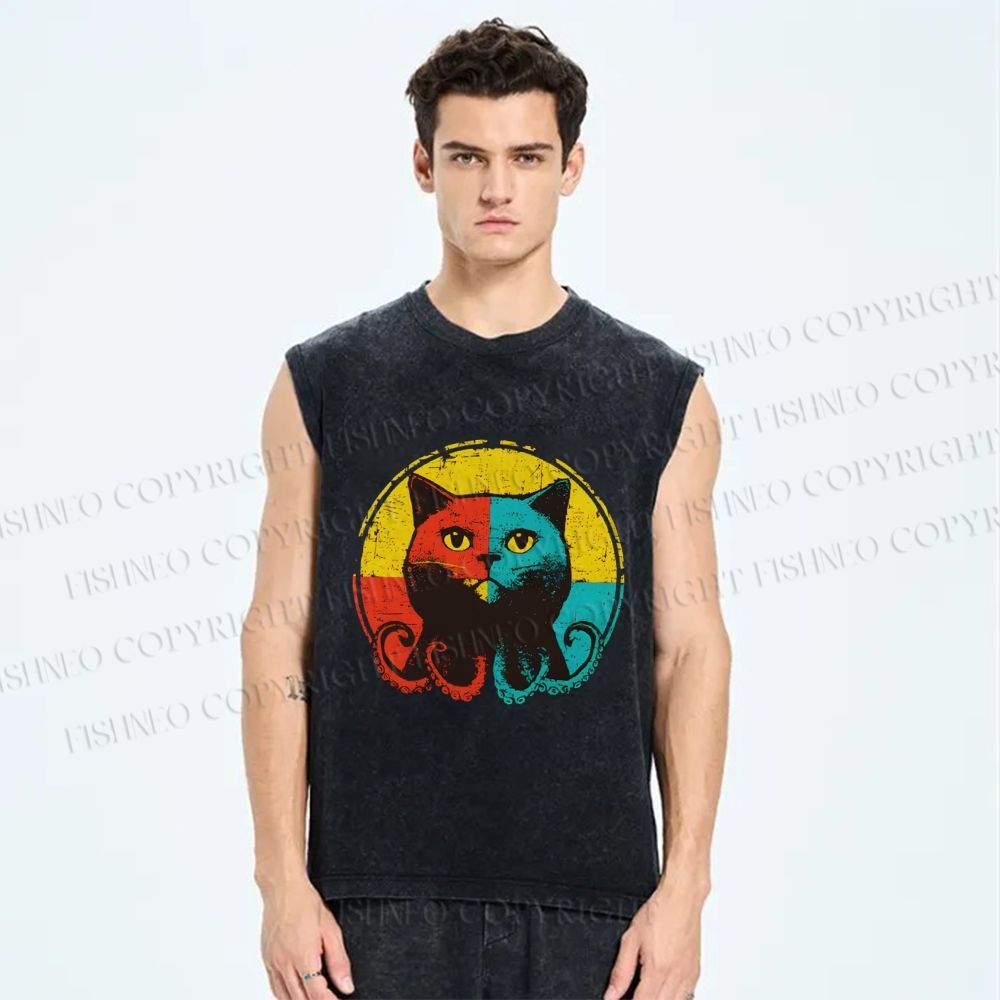 Unisex Colorful Artistic Octopus Cat Printed Washed Tank Top