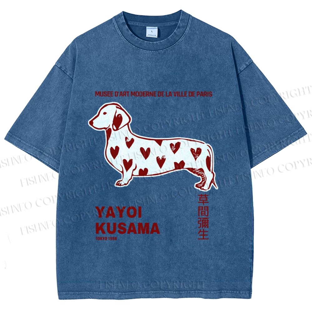 Unisex Yayoi Kusama Dachshund With Hearts Printed Washed Tee