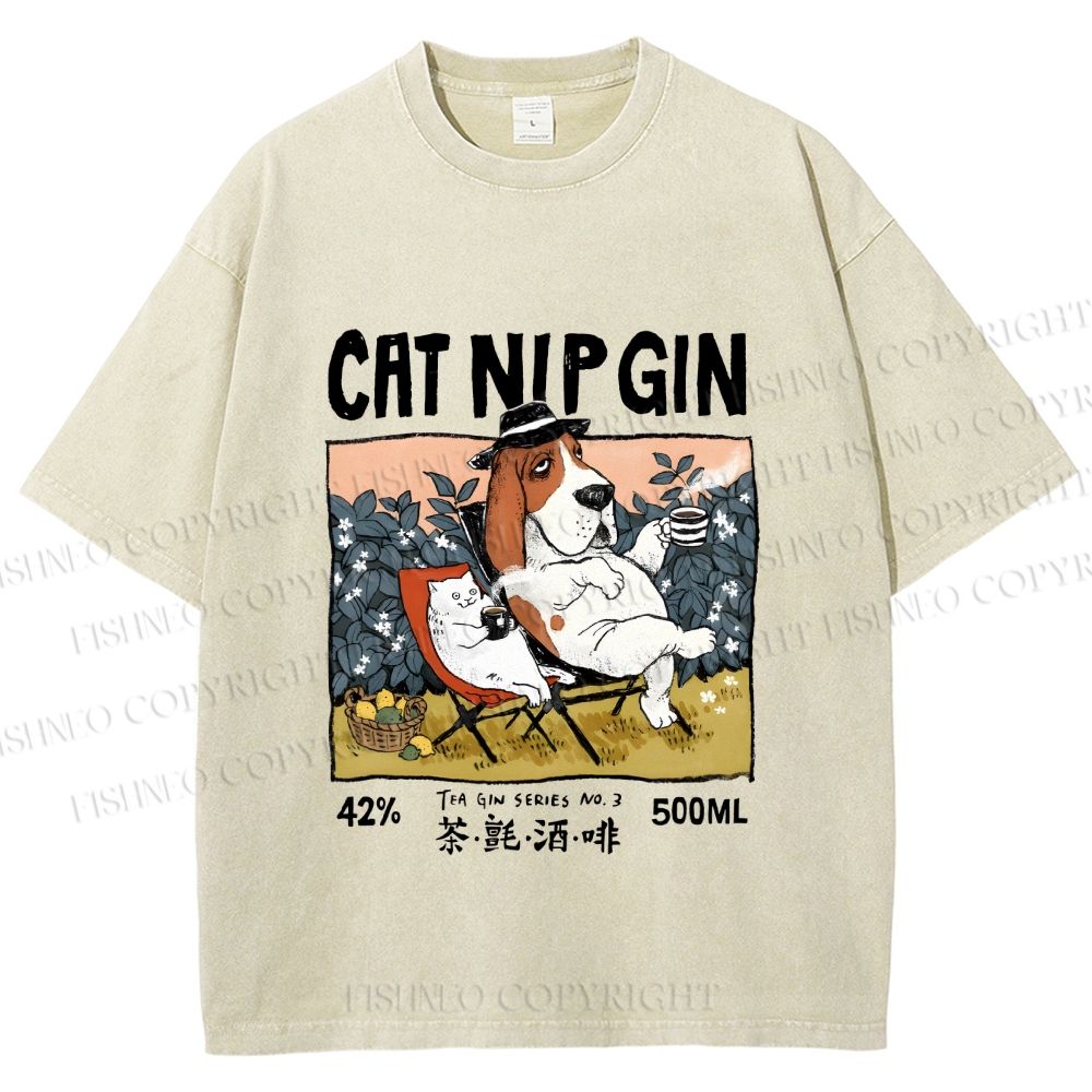 Unisex N.I.P Cat Nip Gin Lazy Dog Printed Washed Tee