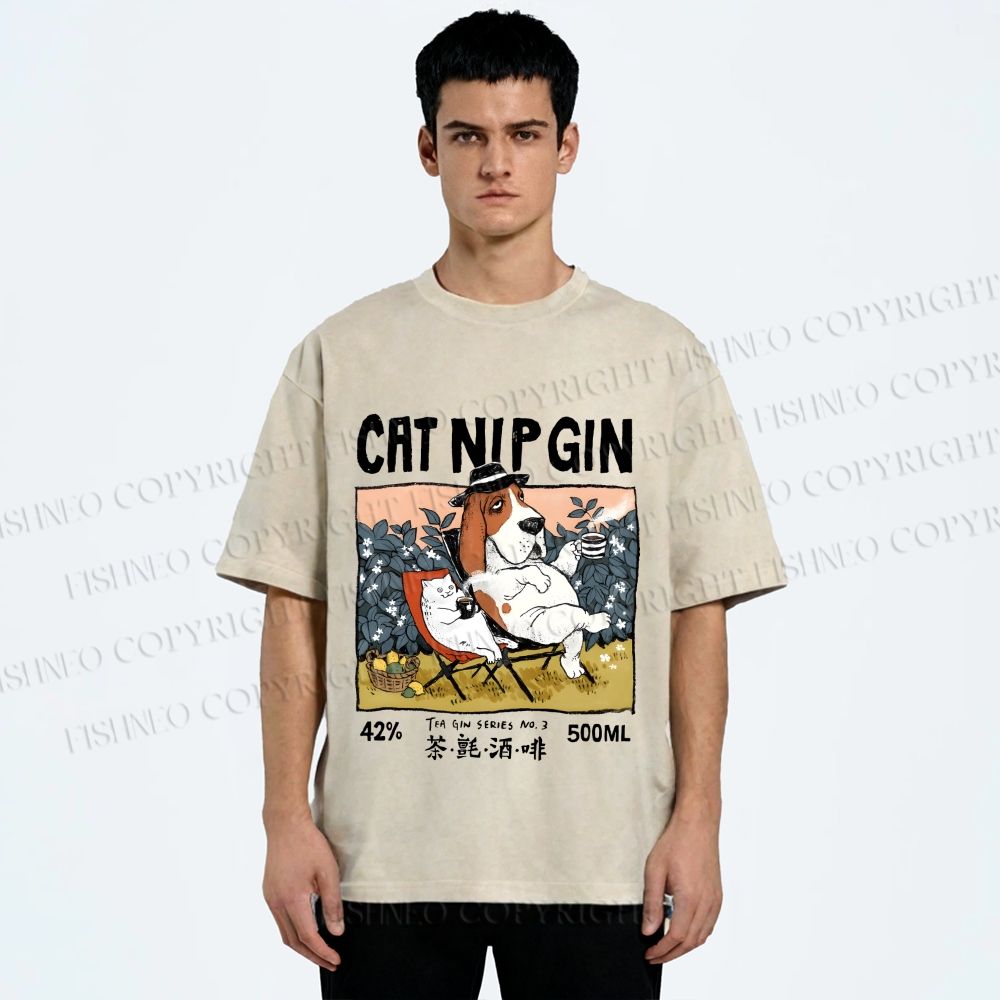 Unisex N.I.P Cat Nip Gin Lazy Dog Printed Washed Tee