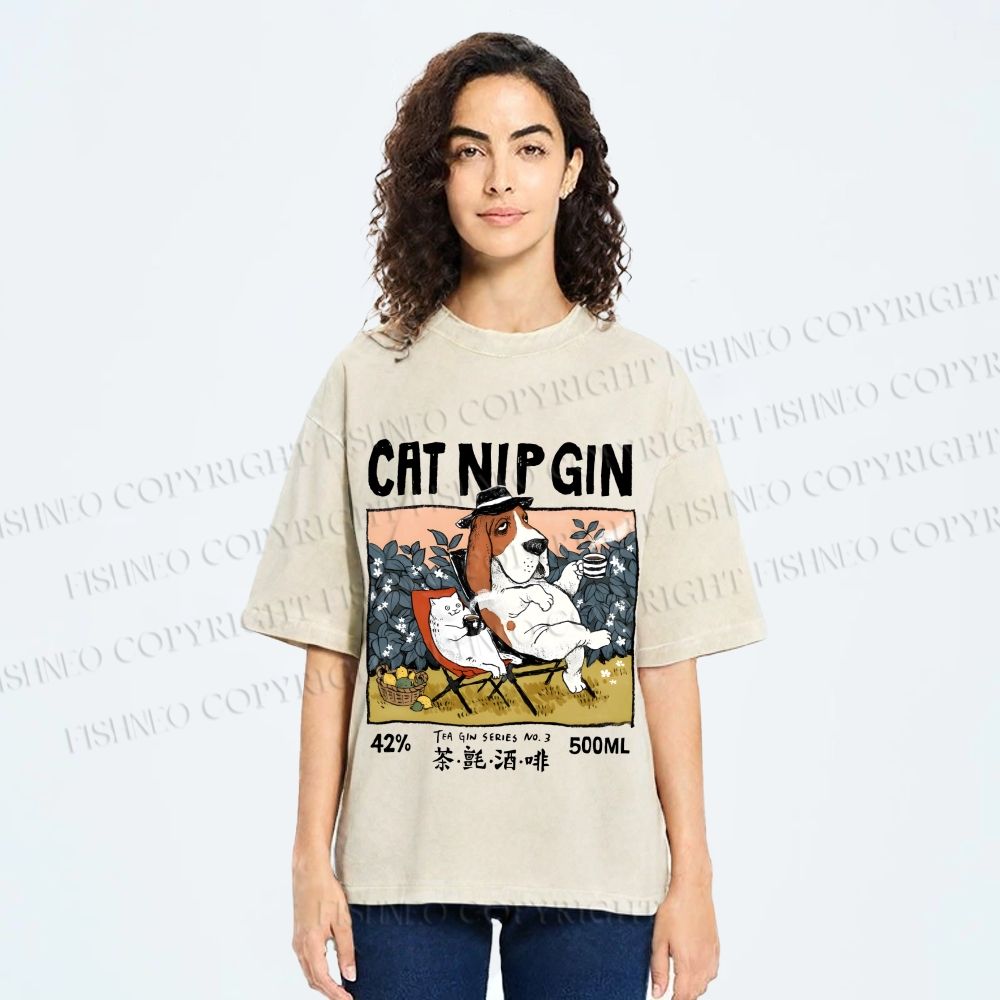Unisex N.I.P Cat Nip Gin Lazy Dog Printed Washed Tee