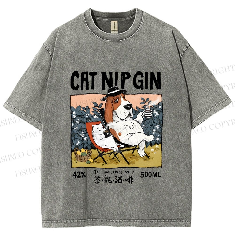 Unisex N.I.P Cat Nip Gin Lazy Dog Printed Washed Tee
