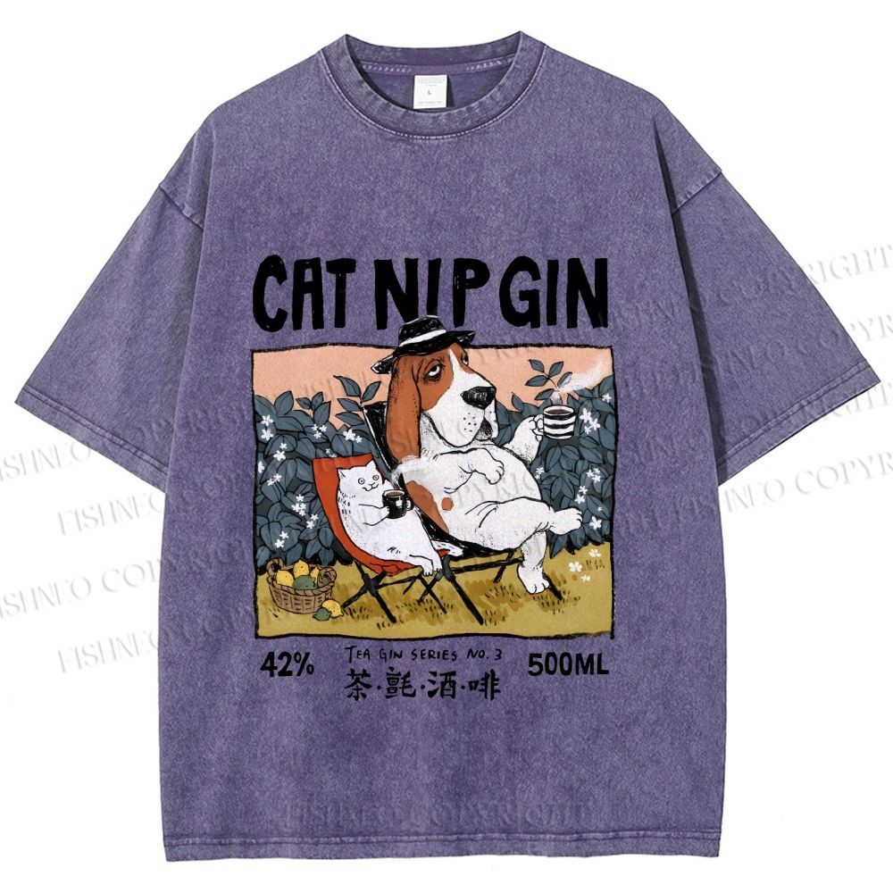 Unisex N.I.P Cat Nip Gin Lazy Dog Printed Washed Tee