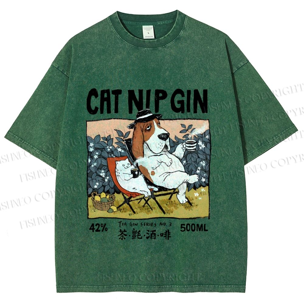 Unisex N.I.P Cat Nip Gin Lazy Dog Printed Washed Tee
