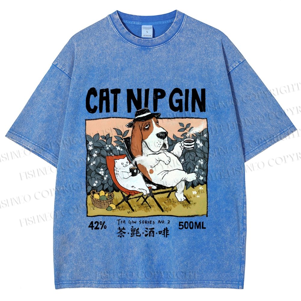 Unisex N.I.P Cat Nip Gin Lazy Dog Printed Washed Tee