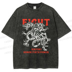 Unisex Dragon And Tiger Fight Printed Washed Tee