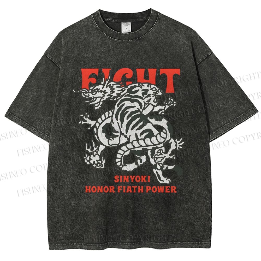 Unisex Dragon And Tiger Fight Printed Washed Tee