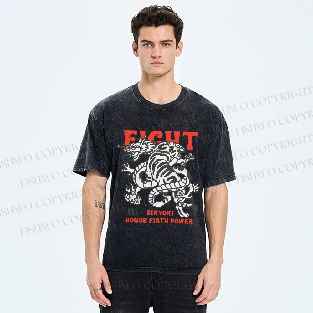 Unisex Dragon And Tiger Fight Printed Washed Tee