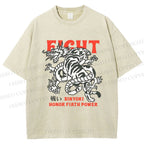Unisex Dragon And Tiger Fight Printed Washed Tee