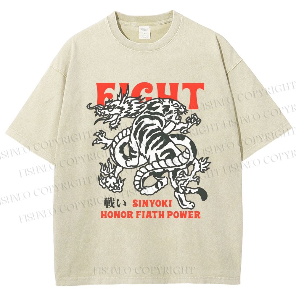 Unisex Dragon And Tiger Fight Printed Washed Tee