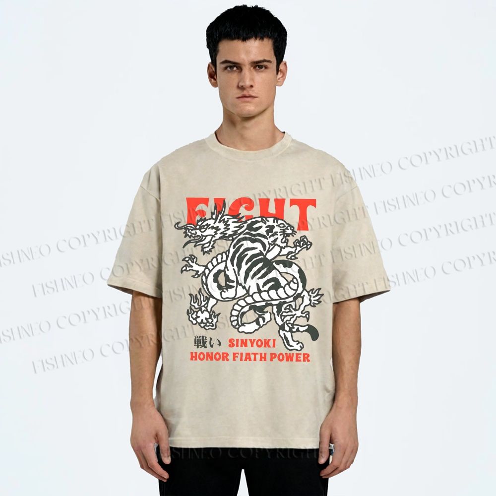 Unisex Dragon And Tiger Fight Printed Washed Tee