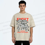 Unisex Dragon And Tiger Fight Printed Washed Tee