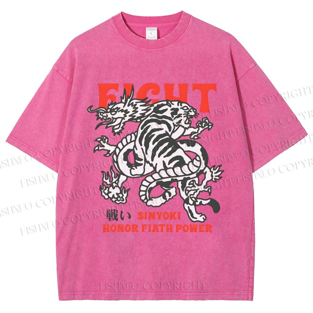 Unisex Dragon And Tiger Fight Printed Washed Tee