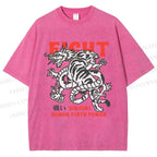 Unisex Dragon And Tiger Fight Printed Washed Tee