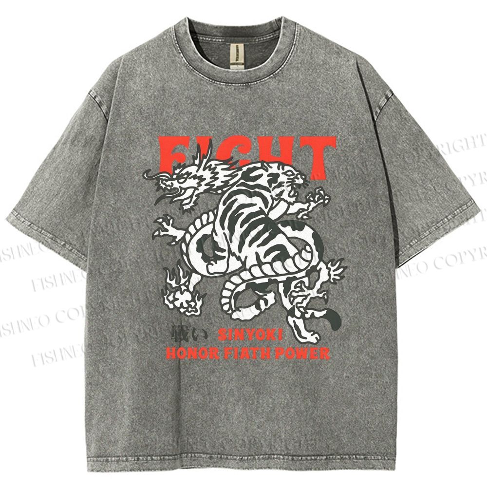 Unisex Dragon And Tiger Fight Printed Washed Tee