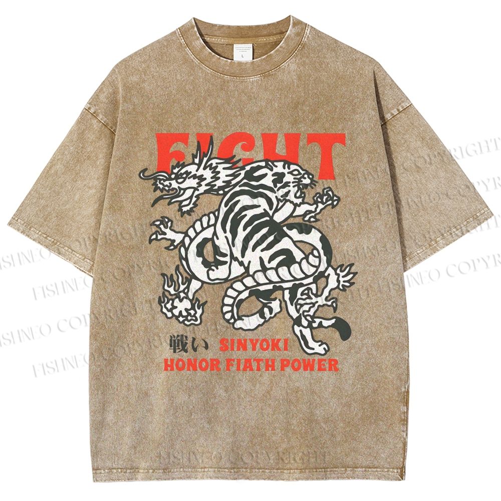 Unisex Dragon And Tiger Fight Printed Washed Tee