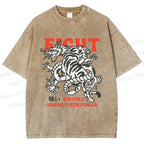 Unisex Dragon And Tiger Fight Printed Washed Tee