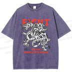 Unisex Dragon And Tiger Fight Printed Washed Tee