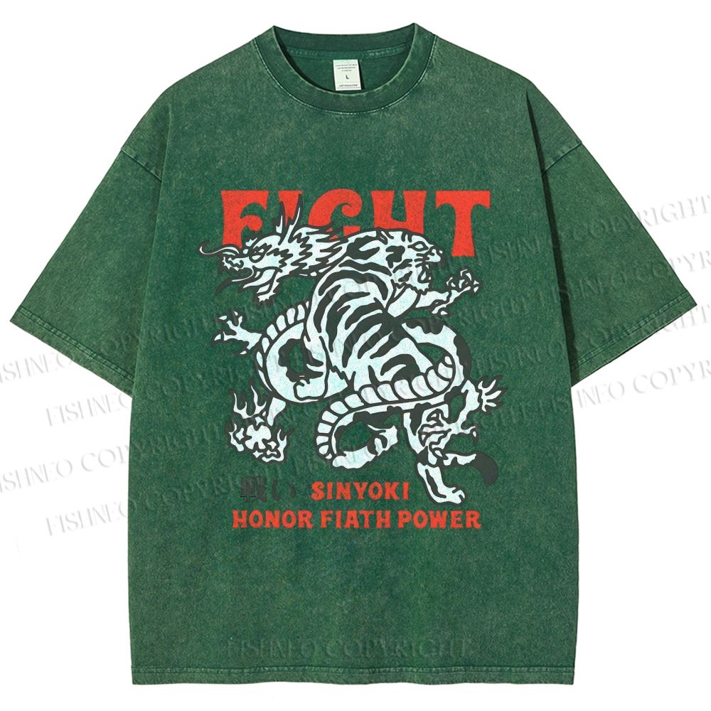 Unisex Dragon And Tiger Fight Printed Washed Tee