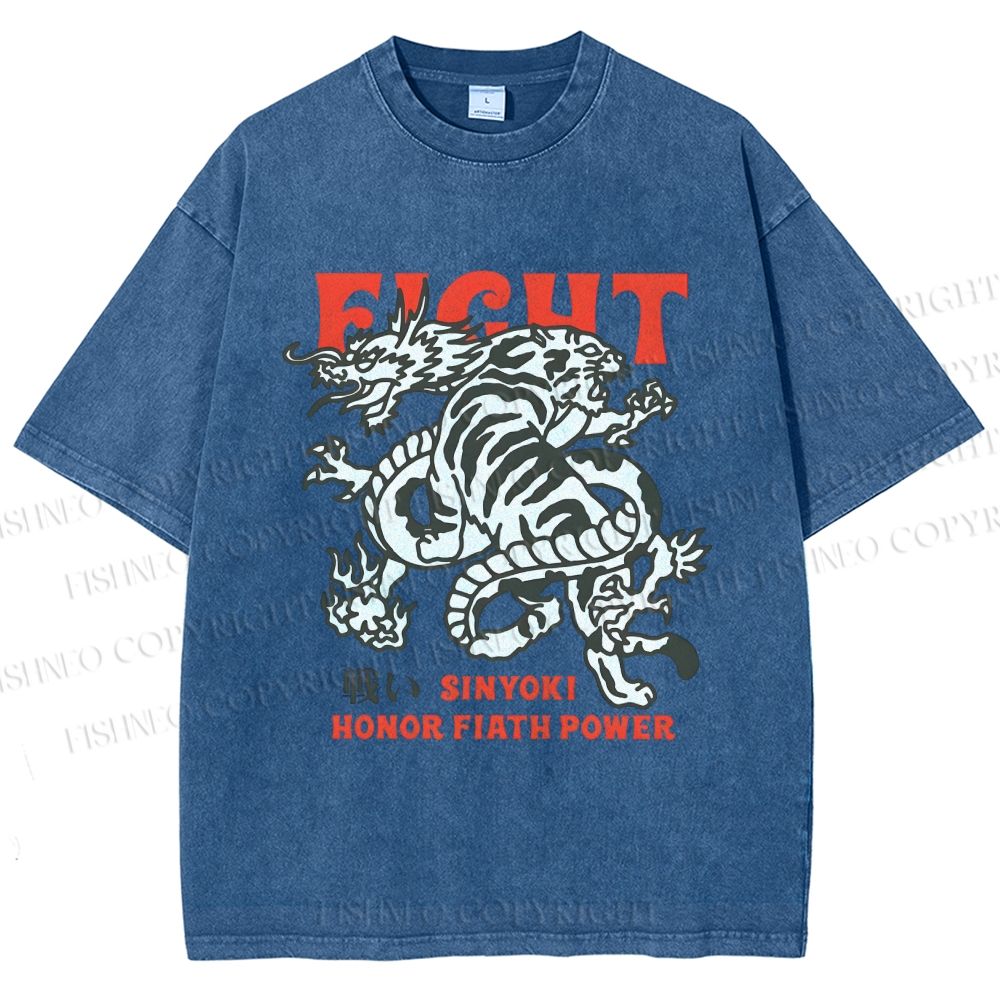 Unisex Dragon And Tiger Fight Printed Washed Tee