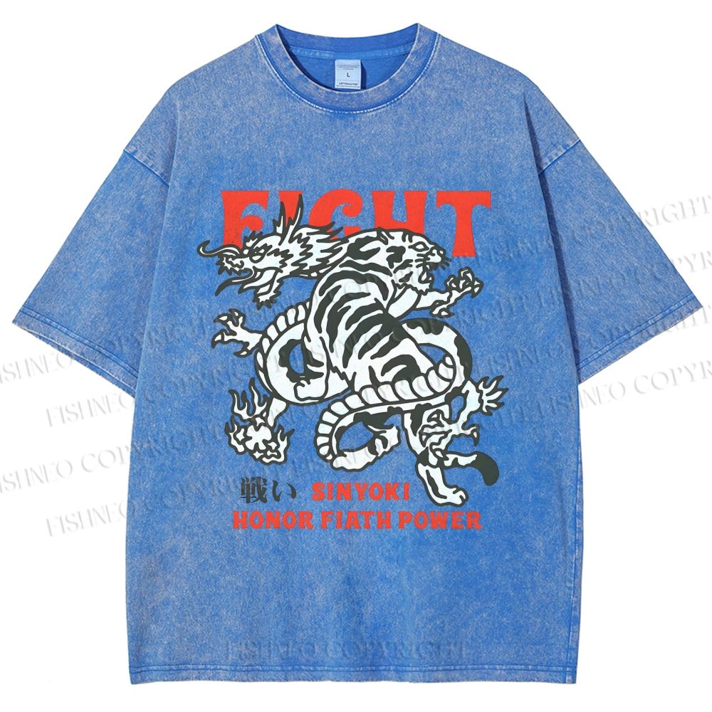 Unisex Dragon And Tiger Fight Printed Washed Tee