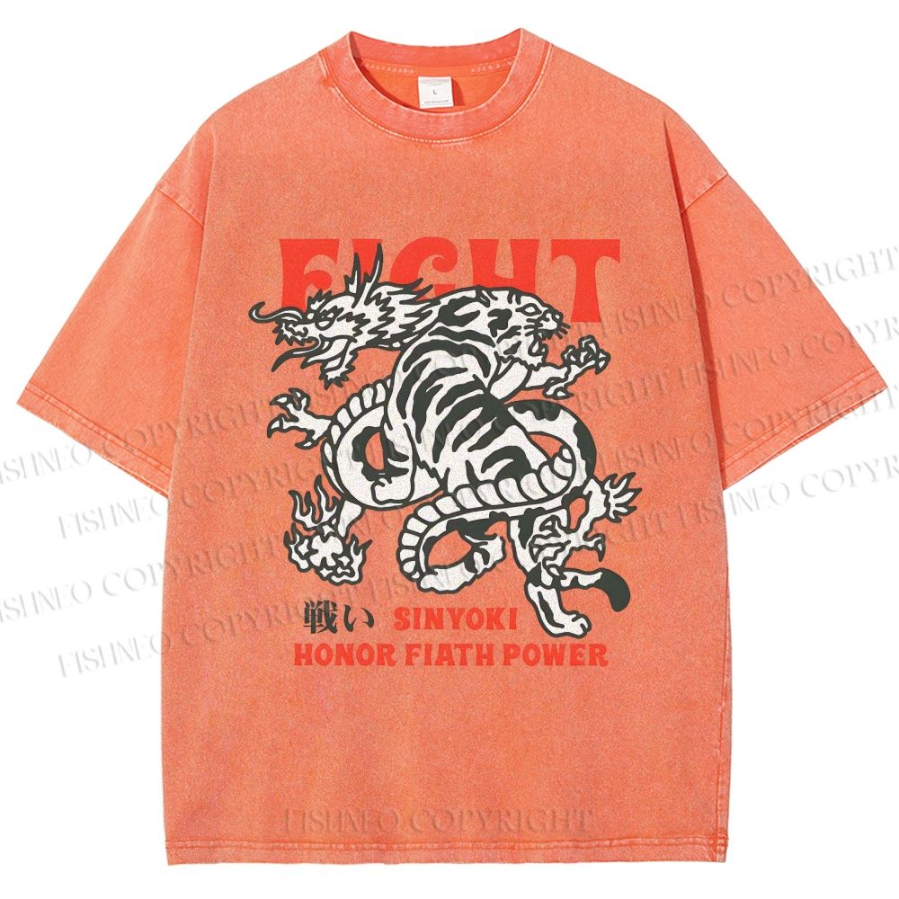 Unisex Dragon And Tiger Fight Printed Washed Tee