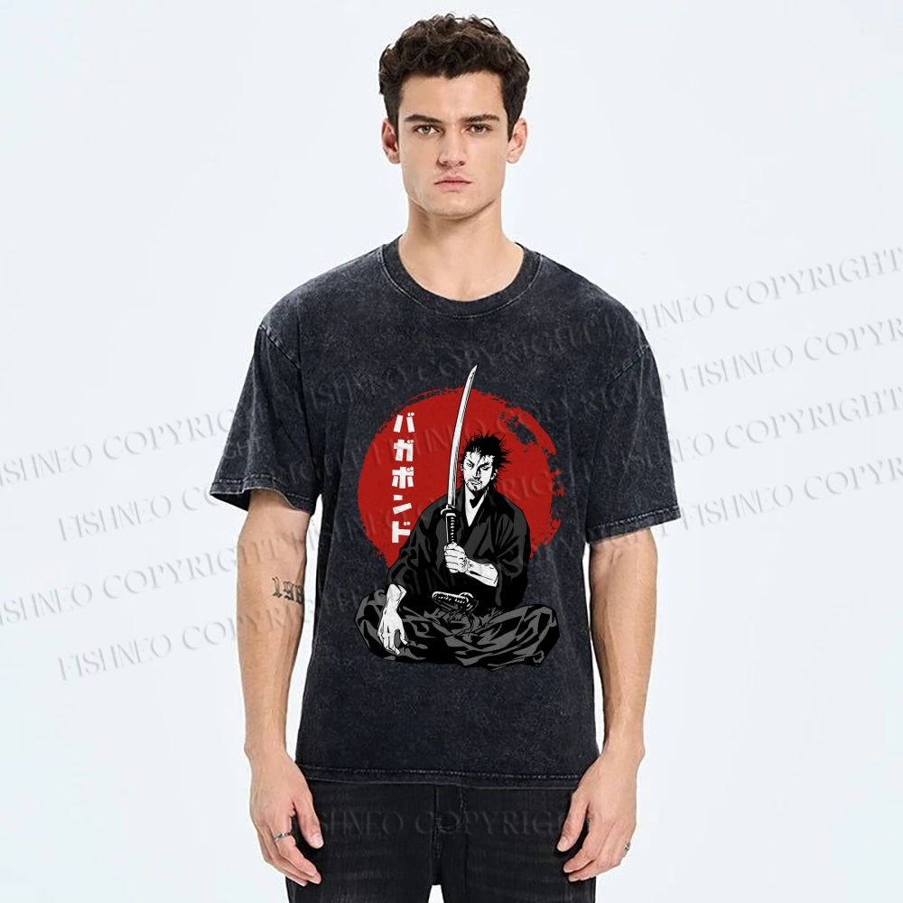 Unisex Vagabond Meditating Samurai Printed Washed Tee